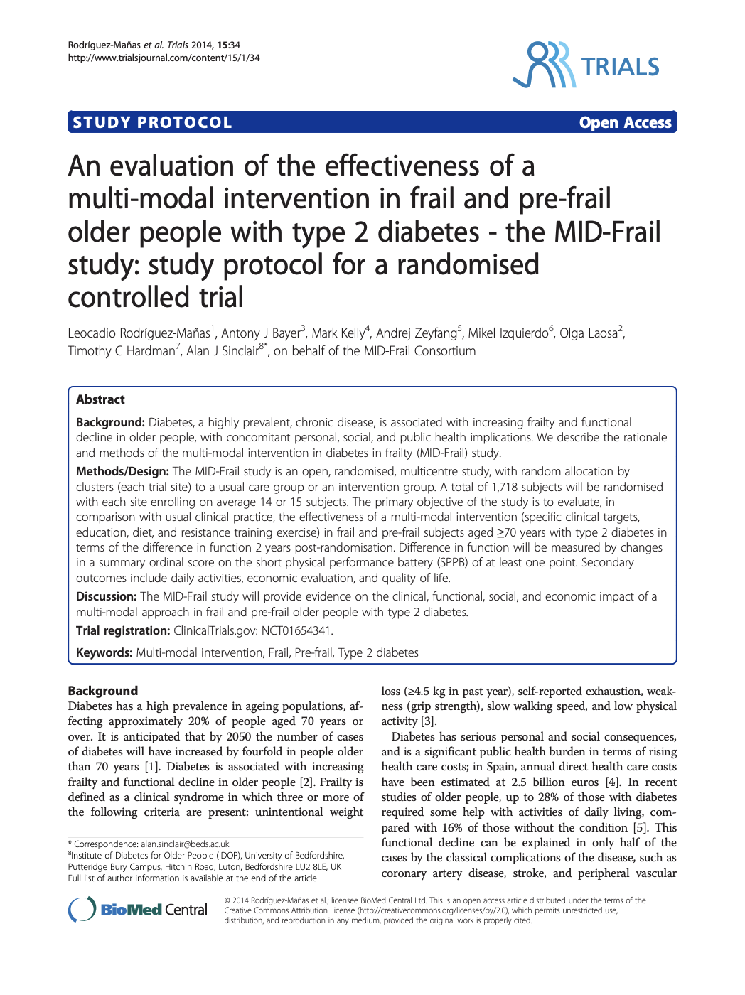 First page of MID-Frail study protocol from Trials journal showing title, authors, abstract and background sections for diabetes intervention research.