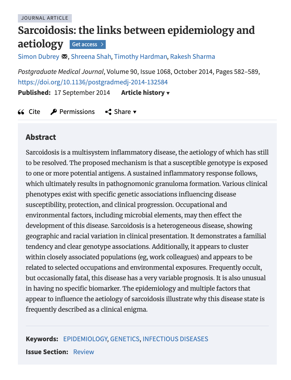 Screenshot of a medical journal article titled Sarcoidosis: the links between epidemiology and aetiology published in Postgraduate Medical Journal, showing authors, publication details, and abstract text.