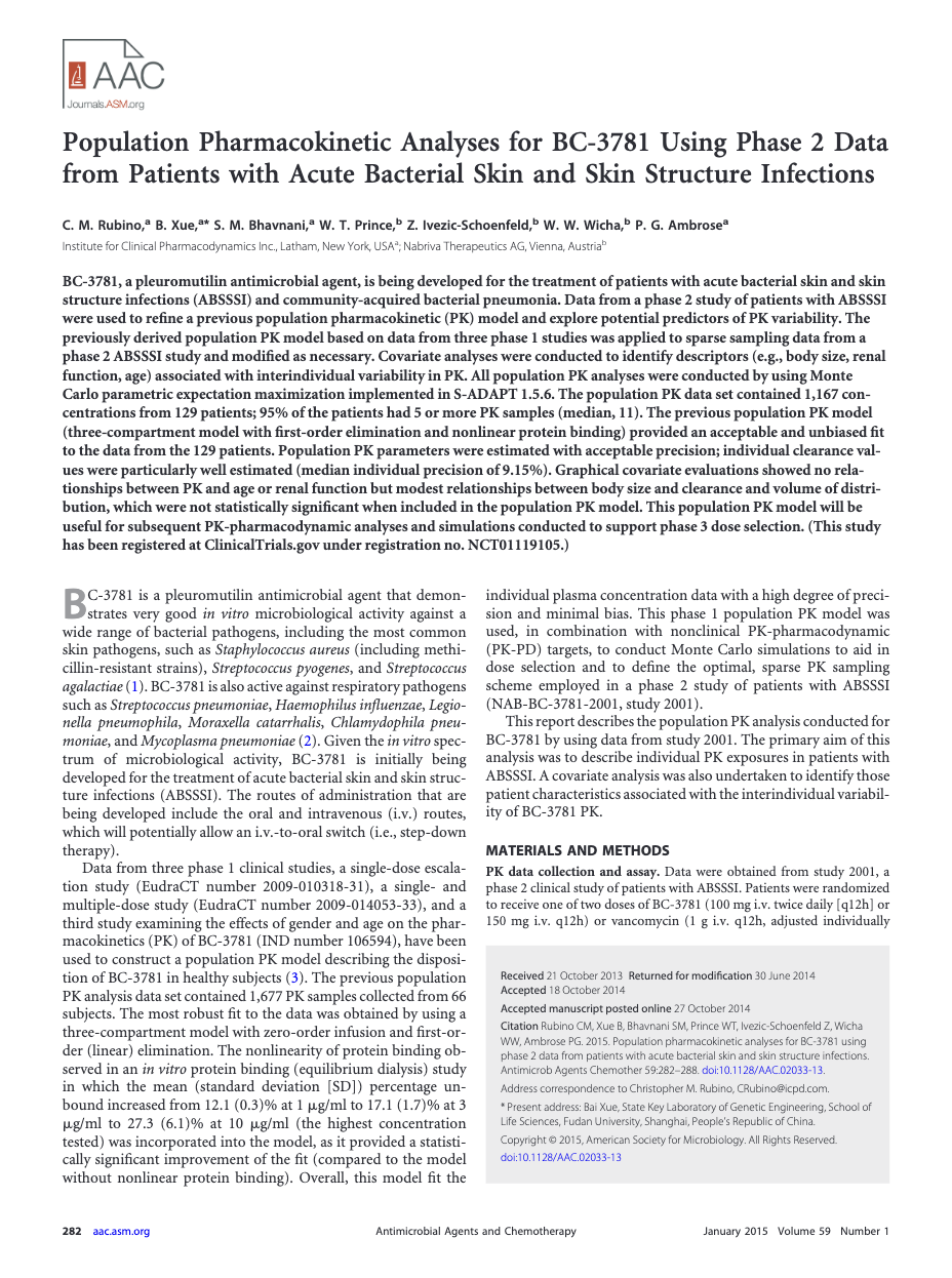 Journal article about population pharmacokinetic analyses for BC-3781 antimicrobial agent using Phase 2 clinical trial data from bacterial infection patients.