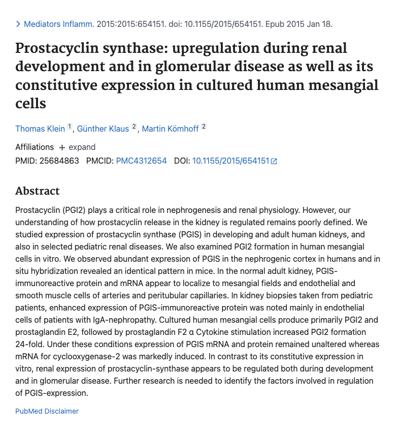 Scientific journal article abstract about prostacyclin synthase expression in kidney development and disease, published in Mediators of Inflammation 2015.