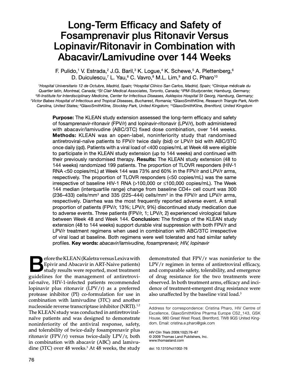 First page of a clinical research paper comparing HIV treatment regimens over 144 weeks, showing title, authors, affiliations and abstract beginning.