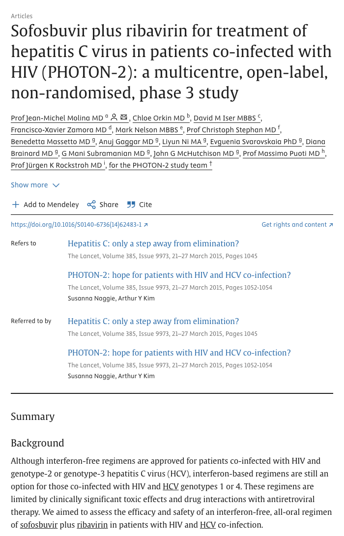 Academic journal article page showing title, authors, and abstract for a study on sofosbuvir plus ribavirin treatment for hepatitis C virus in HIV co-infected patients.