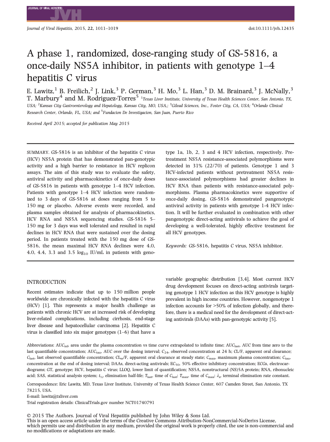 First page of a Journal of Viral Hepatitis research paper about GS-5816, an NS5A inhibitor for hepatitis C virus treatment, showing title, authors, and abstract.