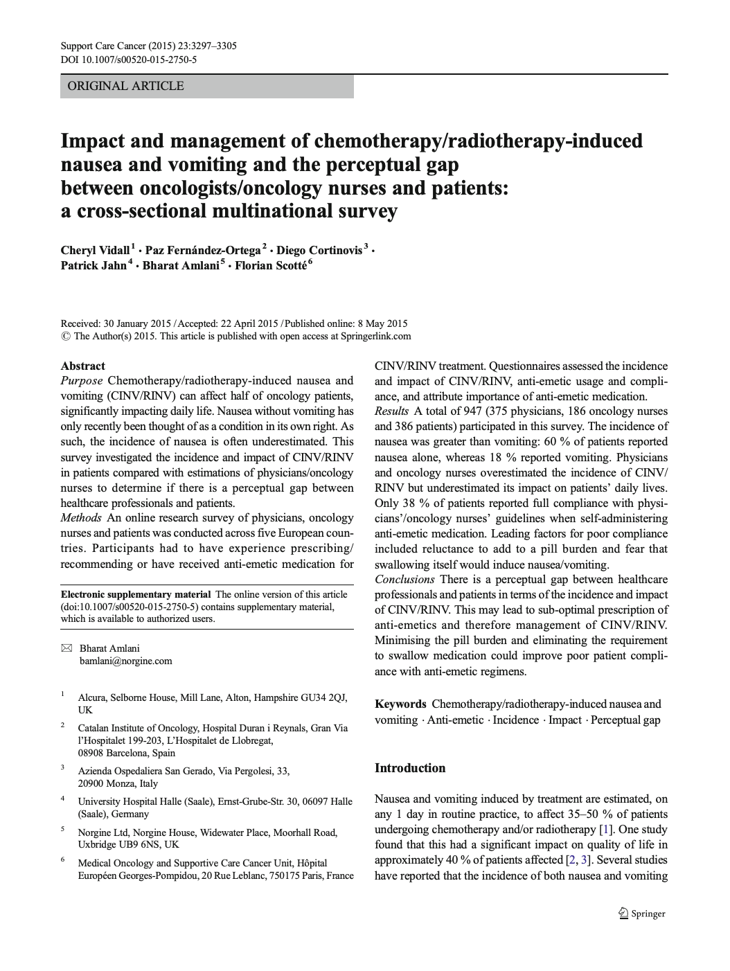First page of a medical journal article about chemotherapy-induced nausea and vomiting, showing title, authors, abstract and introduction sections.