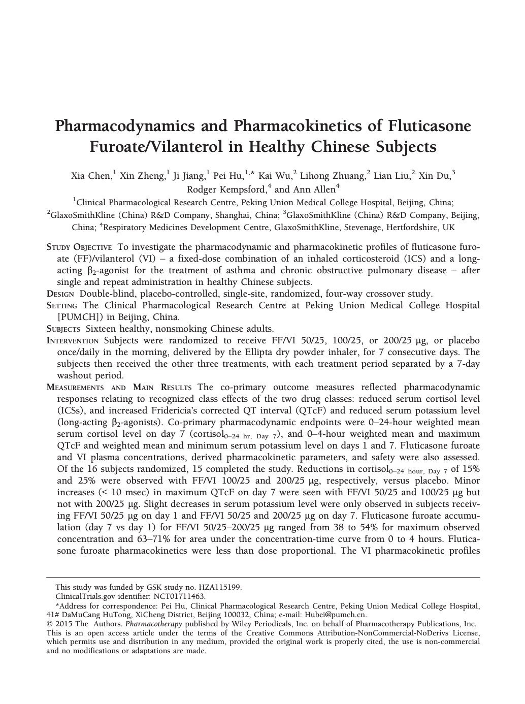 First page of a clinical research paper titled Pharmacodynamics and Pharmacokinetics of Fluticasone Furoate/Vilanterol in Healthy Chinese Subjects showing author names, affiliations, and study abstract.
