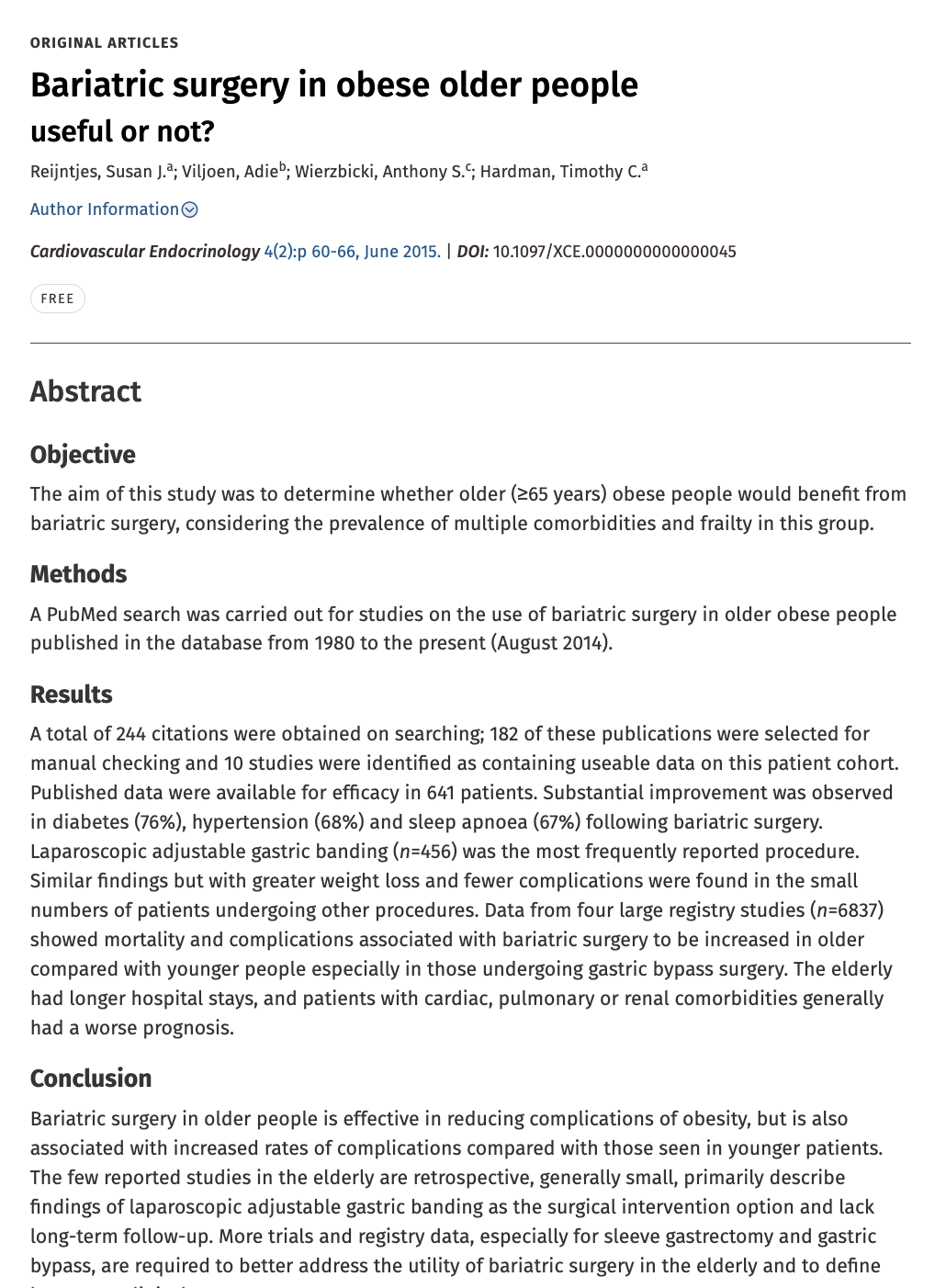 Screenshot of a medical journal article titled Bariatric surgery in obese older people useful or not? showing the abstract and key findings from a systematic review study.