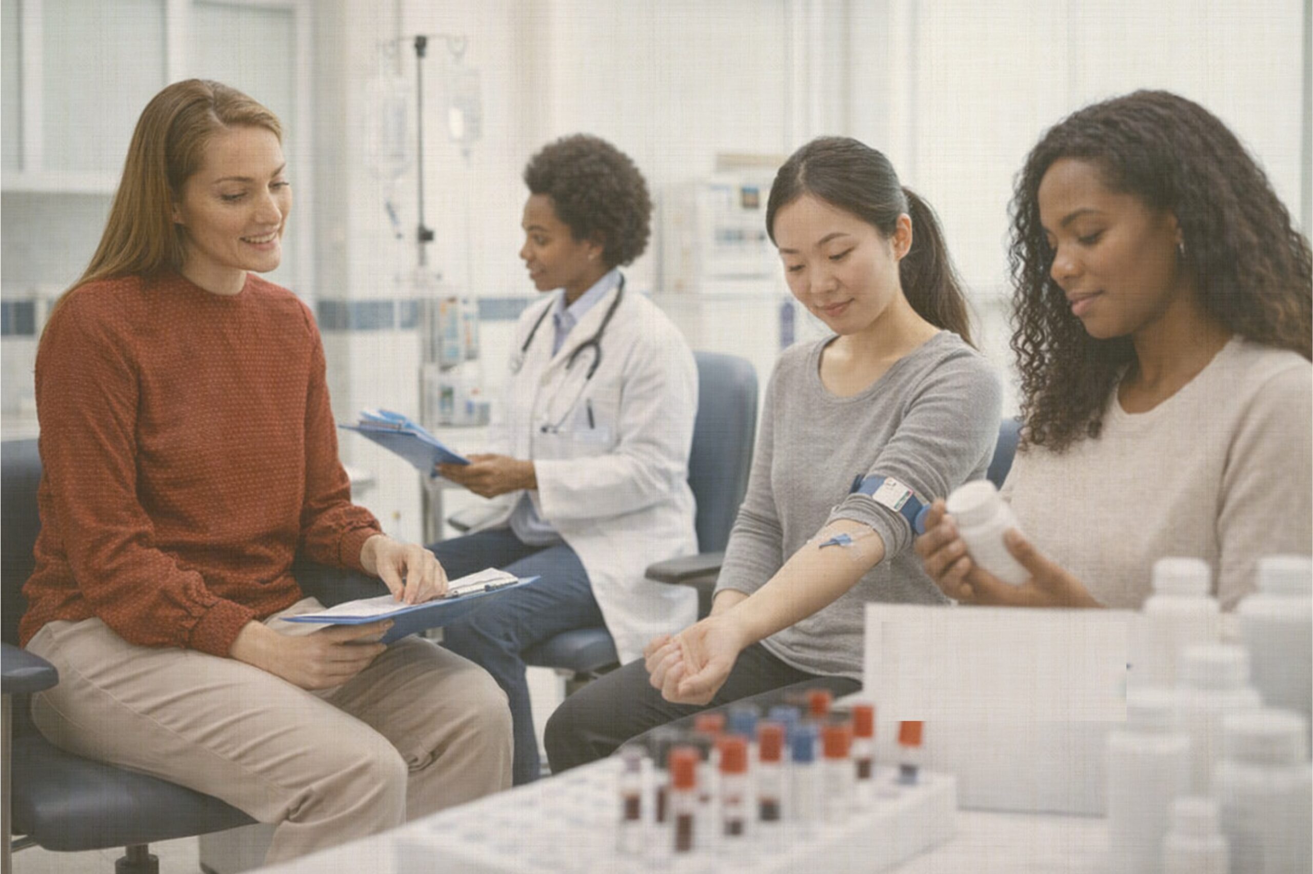 Four women in a medical clinic, one having blood taken whilst another reads paperwork, with a doctor and test tubes visible.