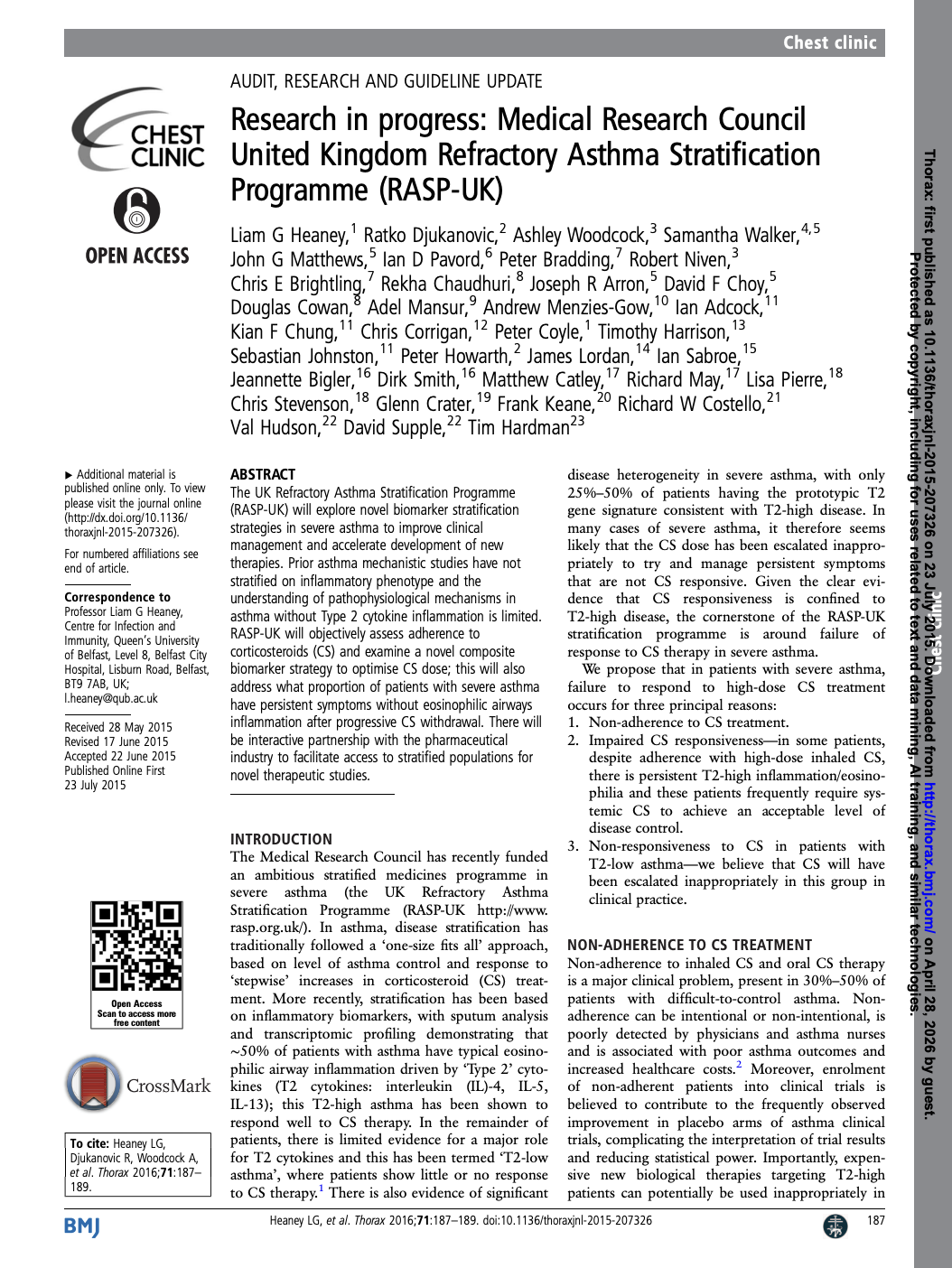 First page of a medical journal article about the RASP-UK asthma research programme, showing title, authors, abstract and introduction sections.