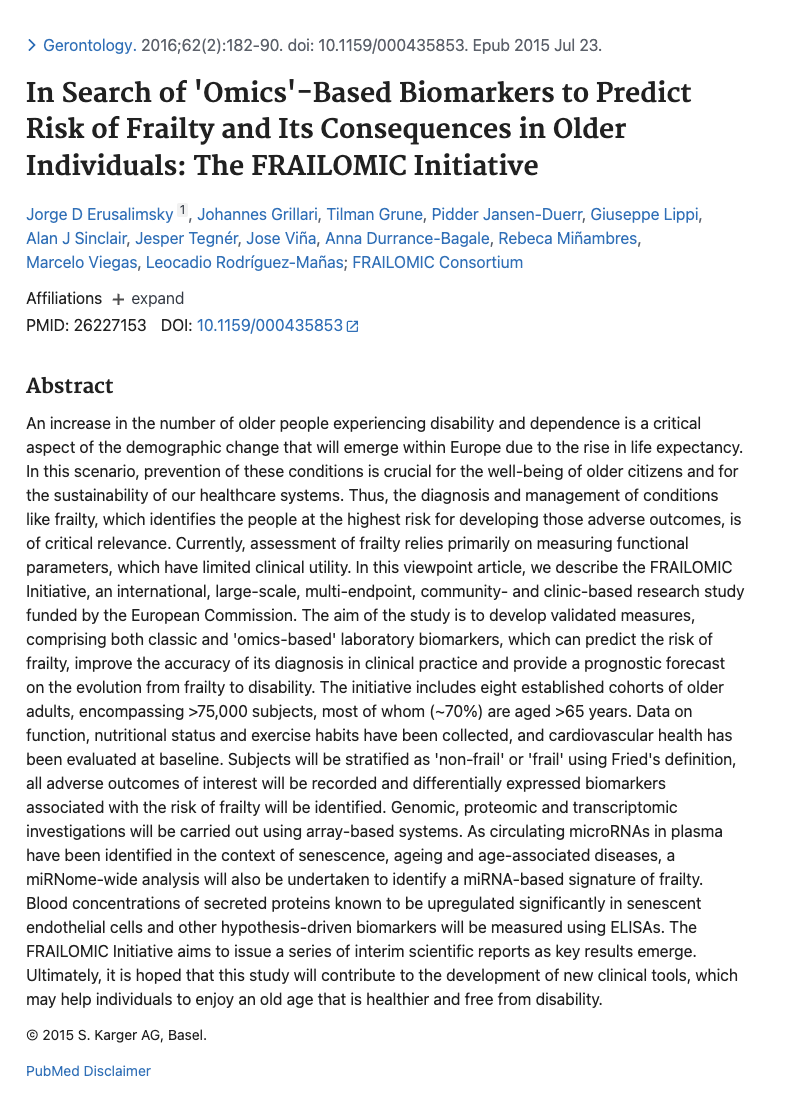 Screenshot of a scientific paper abstract from Gerontology journal about the FRAILOMIC Initiative, showing title, authors, and research summary on frailty biomarkers in older adults.