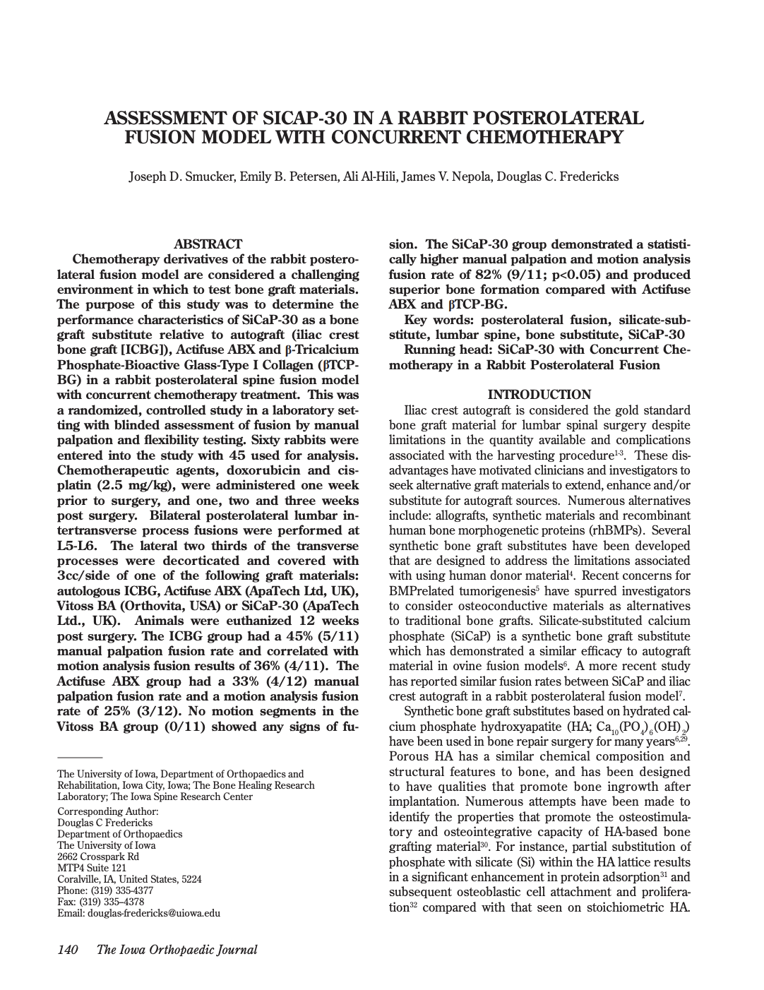 First page of a medical research paper titled Assessment of SiCaP-30 in a Rabbit Posterolateral Fusion Model with Concurrent Chemotherapy showing abstract text.