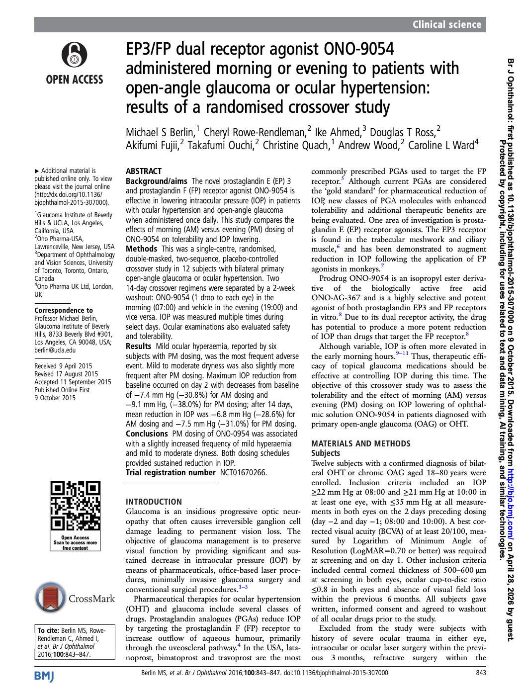 First page of a clinical research paper about EP3/FP dual receptor agonist ONO-9054 for glaucoma and ocular hypertension treatment, showing title, authors, abstract and introduction sections.