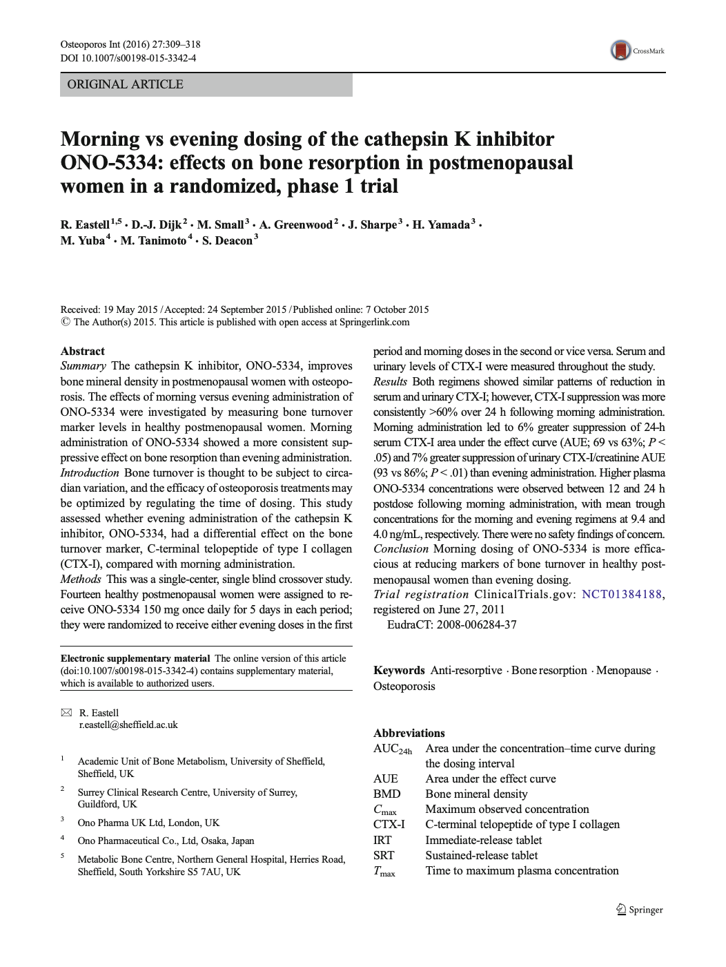 Scientific journal article header showing title about morning vs evening dosing of cathepsin K inhibitor ONO-5334 for bone resorption in postmenopausal women.