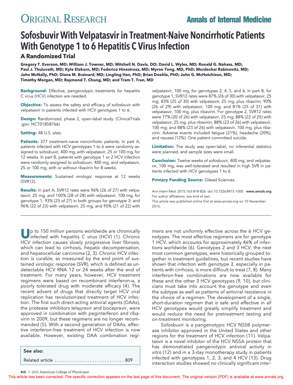 First page of a medical research paper titled Sofosbuvir With Velpatasvir in Treatment-Naive Noncirrhotic Patients With Genotype 1 to 6 Hepatitis C Virus Infection from Annals of Internal Medicine journal.