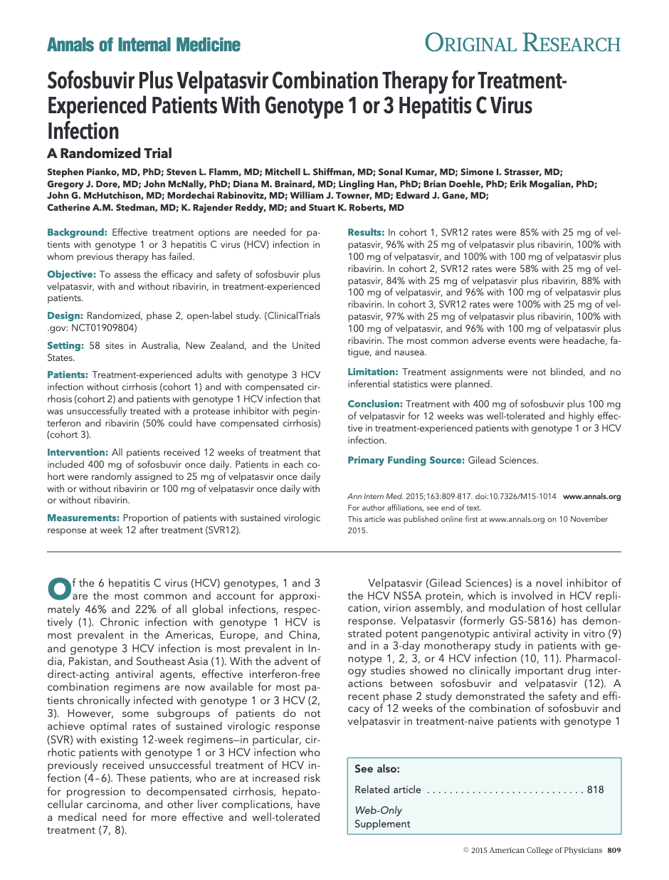 Medical journal article page showing title and abstract of hepatitis C treatment study with sofosbuvir and velpatasvir combination therapy.