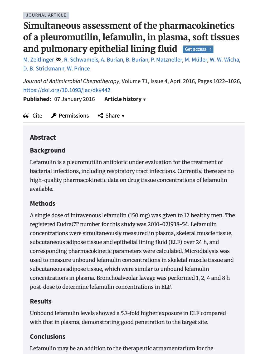 Screenshot of a journal article abstract about lefamulin pharmacokinetics research, showing title, authors, publication details and study summary.