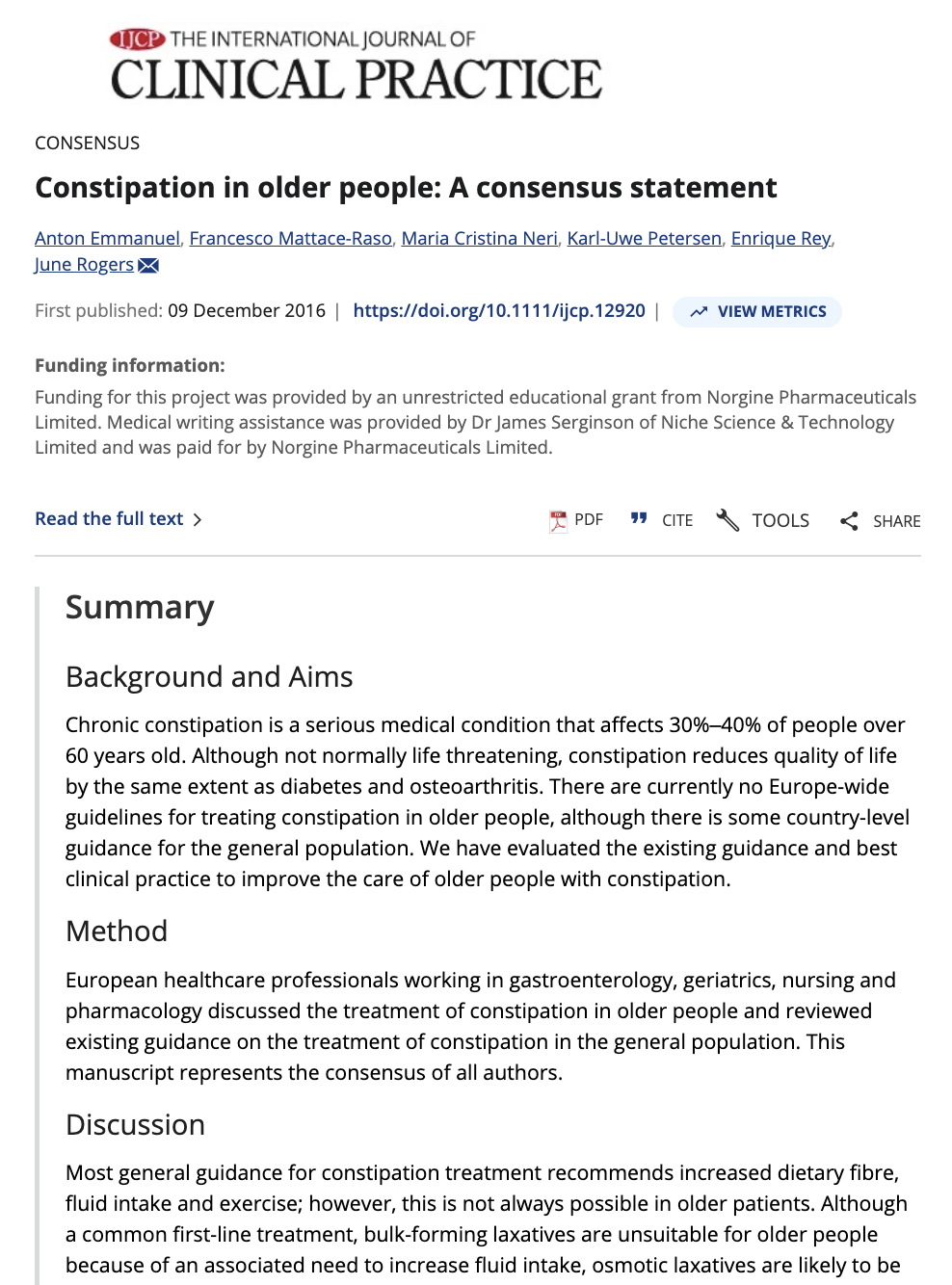 Screenshot of a medical journal article titled Constipation in older people: A consensus statement from The International Journal of Clinical Practice, showing the authors, publication details, and summary sections.