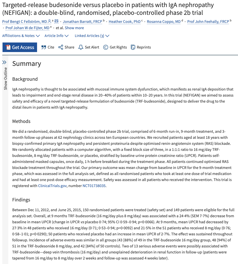 Screenshot of a medical journal article titled Targeted-release budesonide versus placebo in patients with IgA nephropathy (NEFIGAN): a double-blind, randomised, placebo-controlled phase 2b trial showing the summary, background, methods and findings sections.