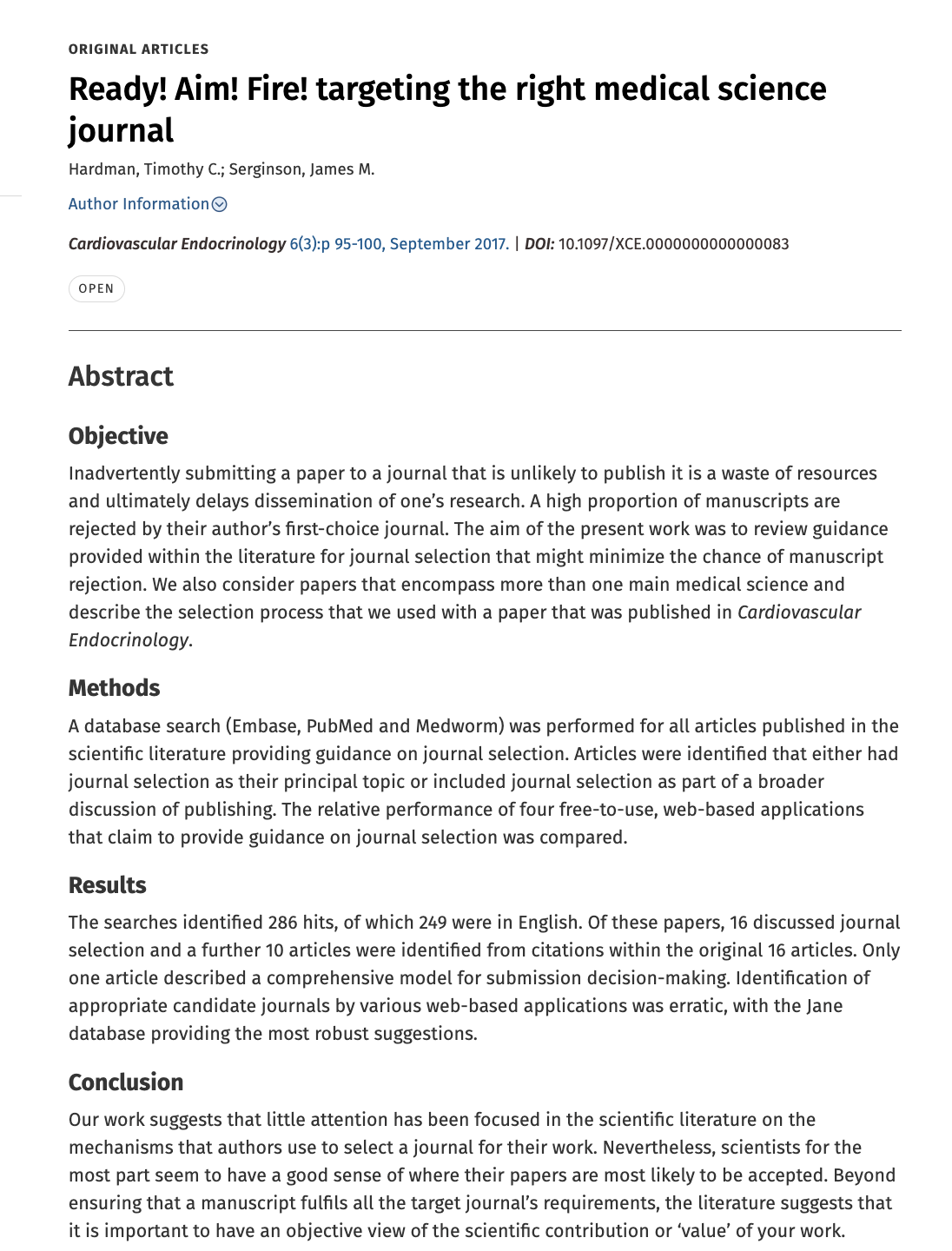 Screenshot of a medical journal article titled Ready! Aim! Fire! targeting the right medical science journal showing the abstract and methodology sections.