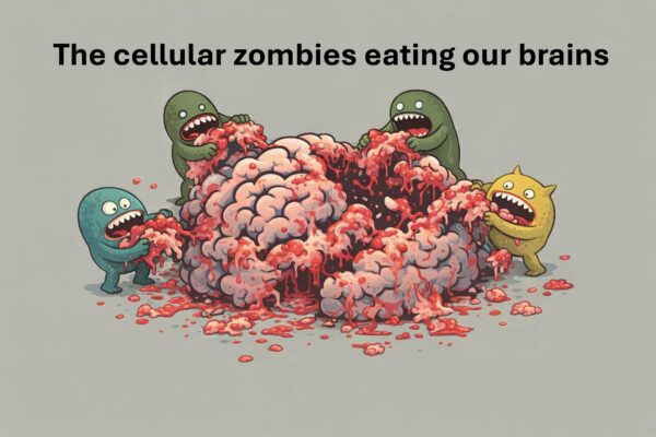 Cartoon illustration showing colourful zombie-like creatures devouring a large pink brain, with text The cellular zombies eating our brains above.