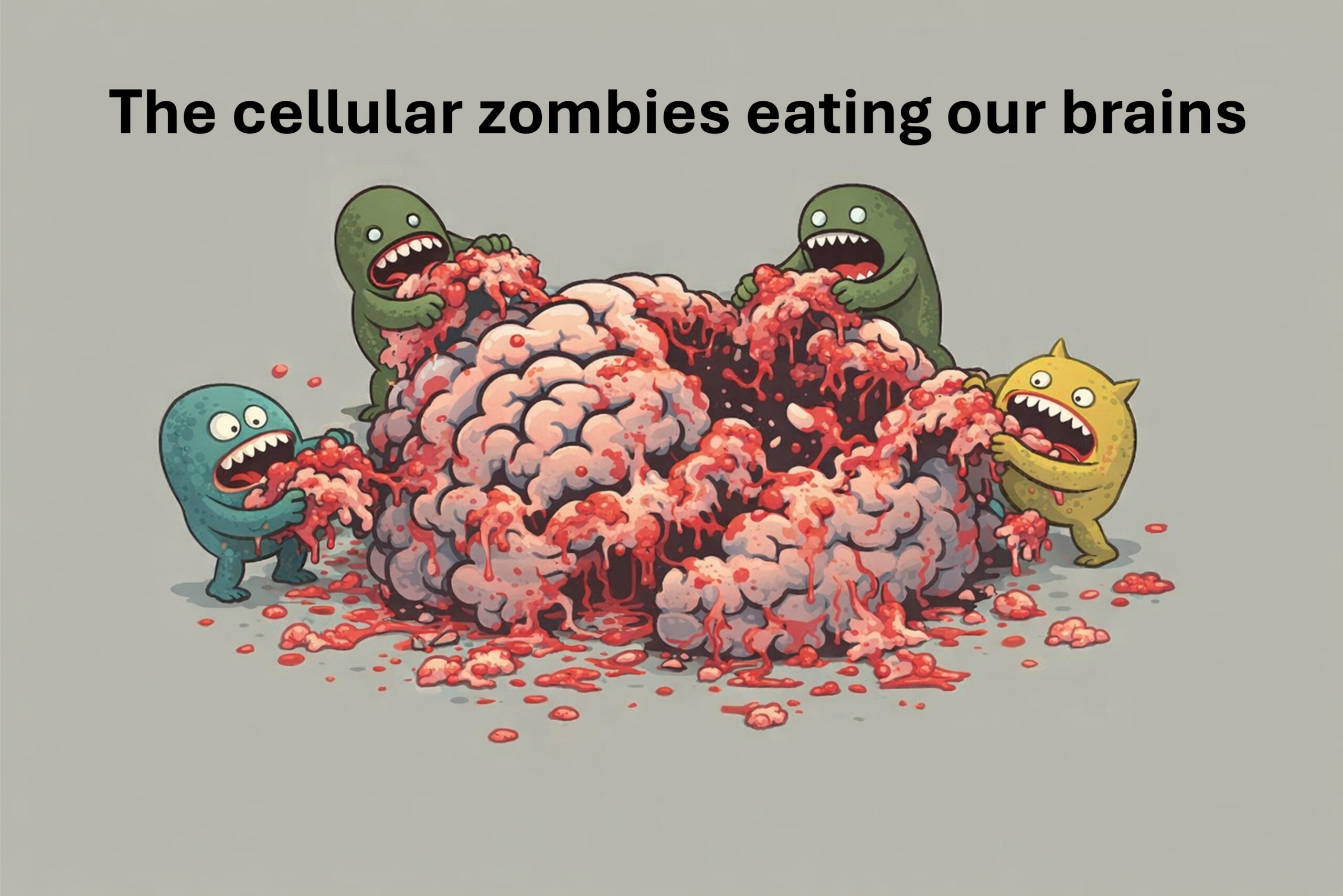 Cartoon illustration showing colourful zombie-like creatures devouring a large pink brain, with text The cellular zombies eating our brains above.