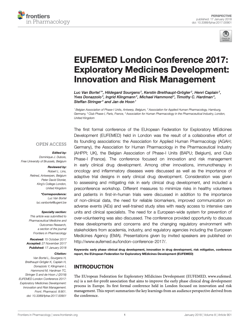First page of a Frontiers in Pharmacology journal article about the EUFEMED London Conference 2017 on exploratory medicines development, showing title, authors, and abstract.