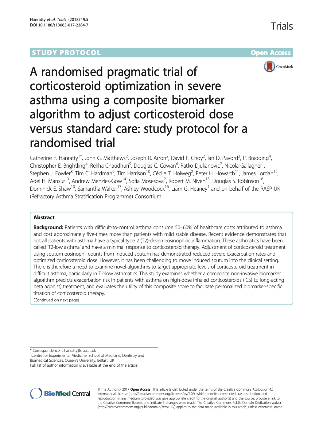 First page of a medical research paper titled A randomised pragmatic trial of corticosteroid optimization in severe asthma using a composite biomarker algorithm published in Trials journal.
