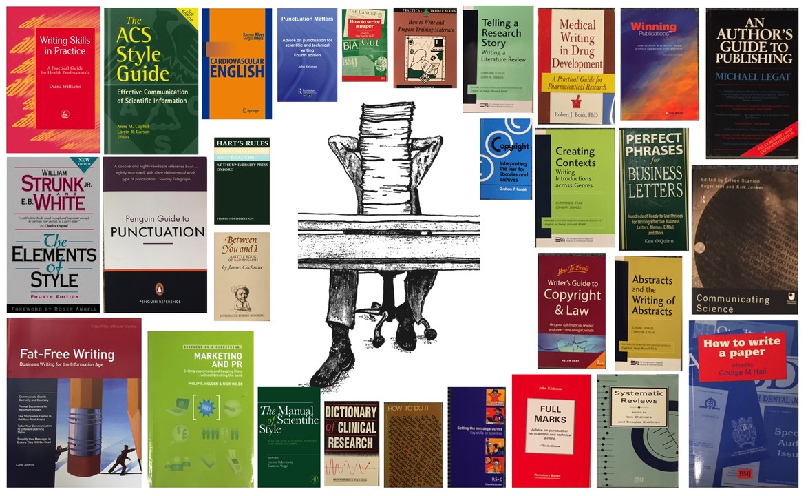 A collection of medical and scientific writing reference books arranged around a central black and white illustration of a writing desk with papers.
