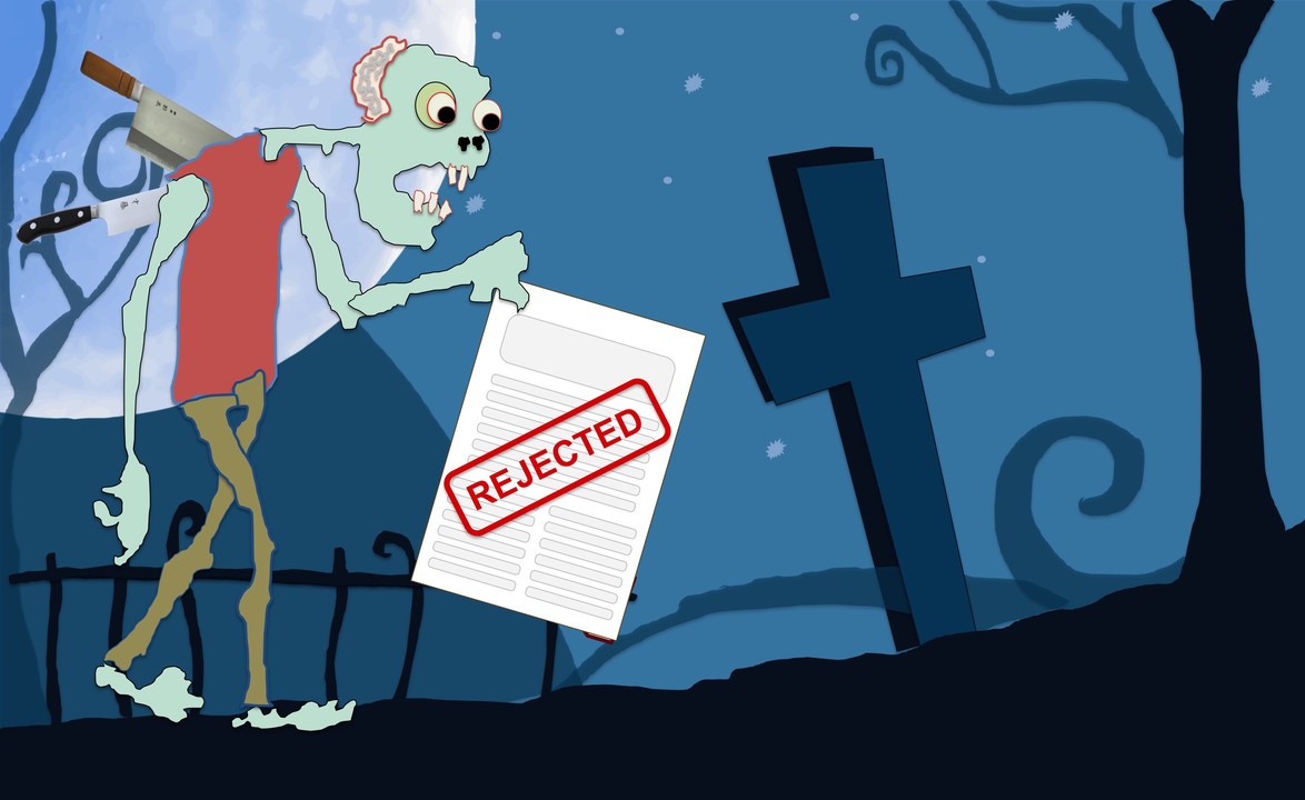 Cartoon zombie in cemetery holding document stamped REJECTED, with gravestones and bare trees in spooky blue-toned night scene.
