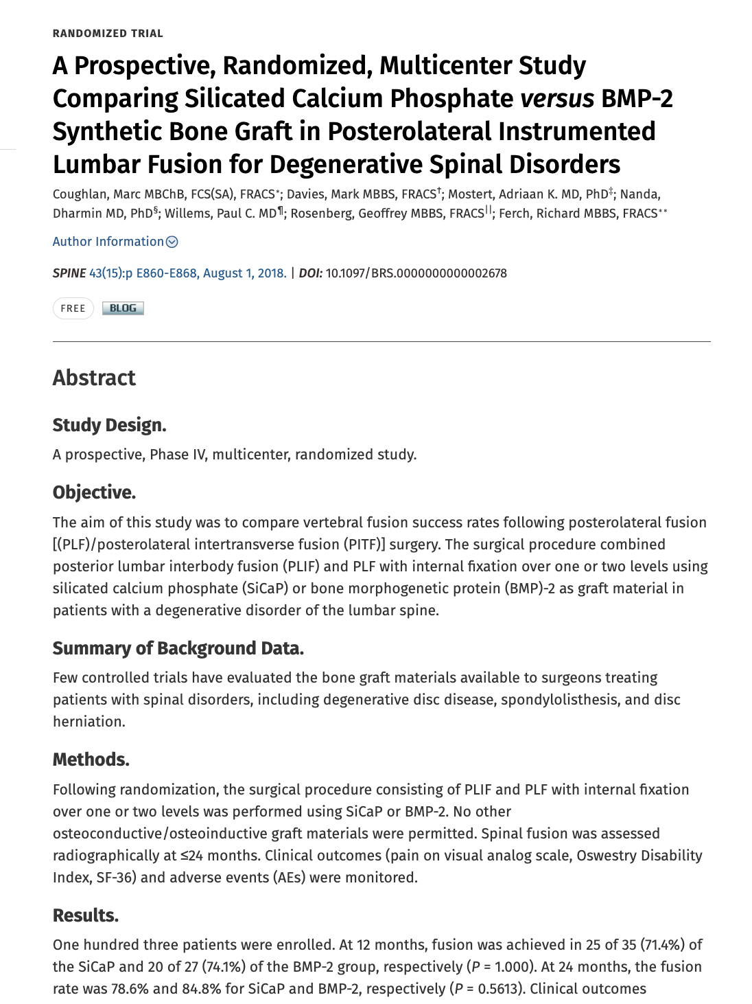 Screenshot of a medical journal article abstract comparing silicated calcium phosphate versus BMP-2 synthetic bone graft in spinal fusion surgery.
