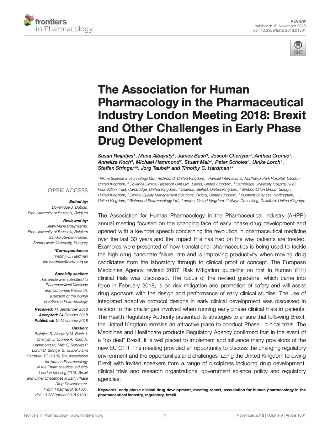 First page of a Frontiers in Pharmacology journal article about the Association for Human Pharmacology meeting on Brexit and early phase drug development challenges.