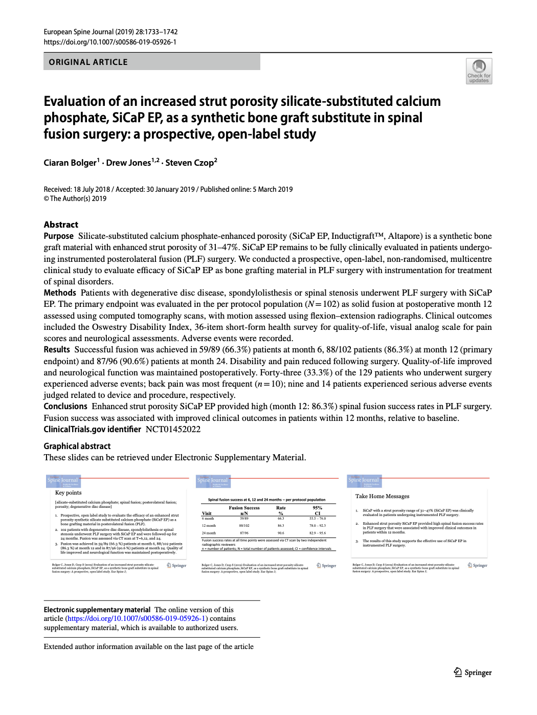 First page of a European Spine Journal research article evaluating SiCaP EP synthetic bone graft substitute in spinal fusion surgery, showing title, authors, abstract and key findings.