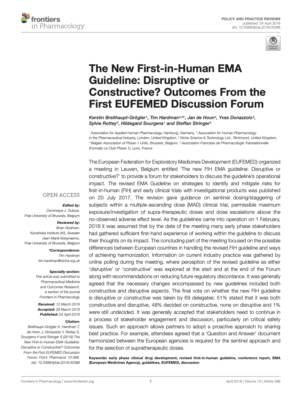 First page of a Frontiers in Pharmacology journal article titled The New First-in-Human EMA Guideline: Disruptive or Constructive? Outcomes From the First EUFEMED Discussion Forum