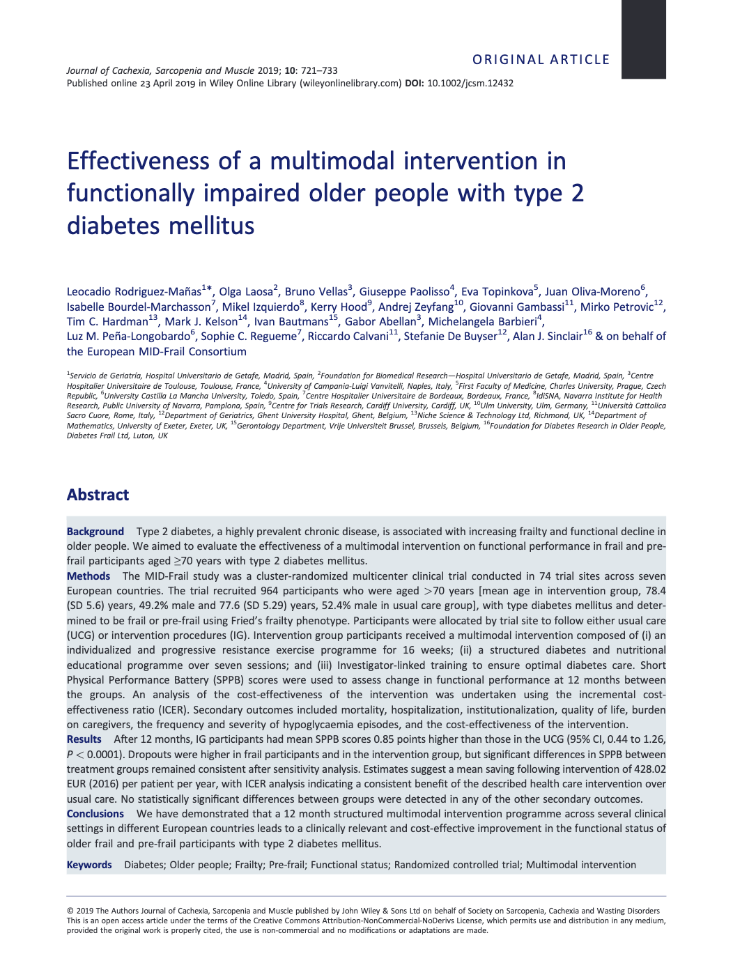 Journal article page showing title Effectiveness of a multimodal intervention in functionally impaired older people with type 2 diabetes mellitus with author names and abstract.