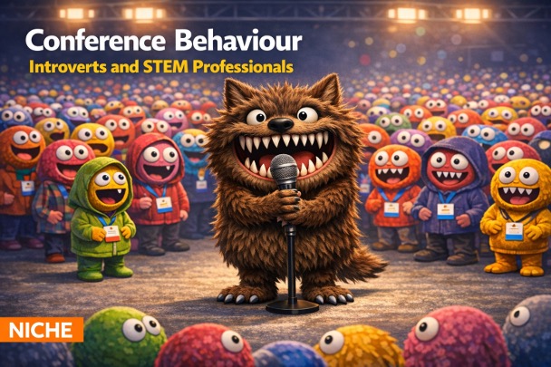 A cartoon monster with sharp teeth holds a microphone on stage, facing an audience of colourful cartoon characters in a conference setting.