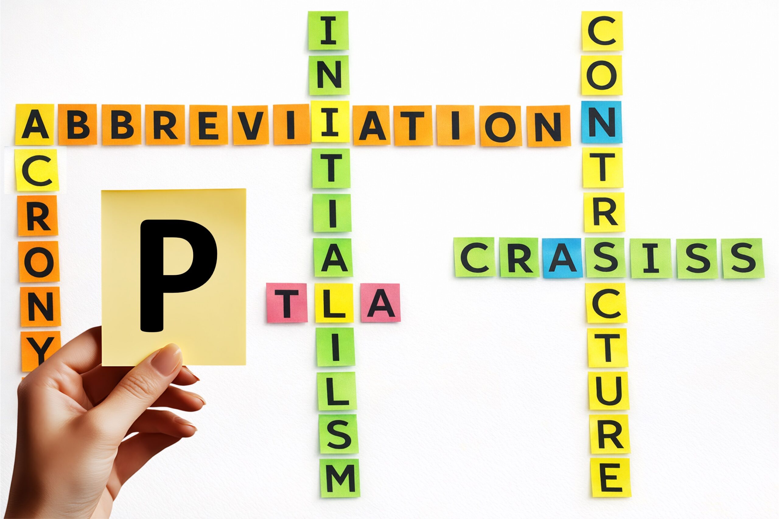 A hand holds a yellow tile with the letter P, surrounded by coloured letter tiles forming medical abbreviations including TLA, arranged in crossword style.