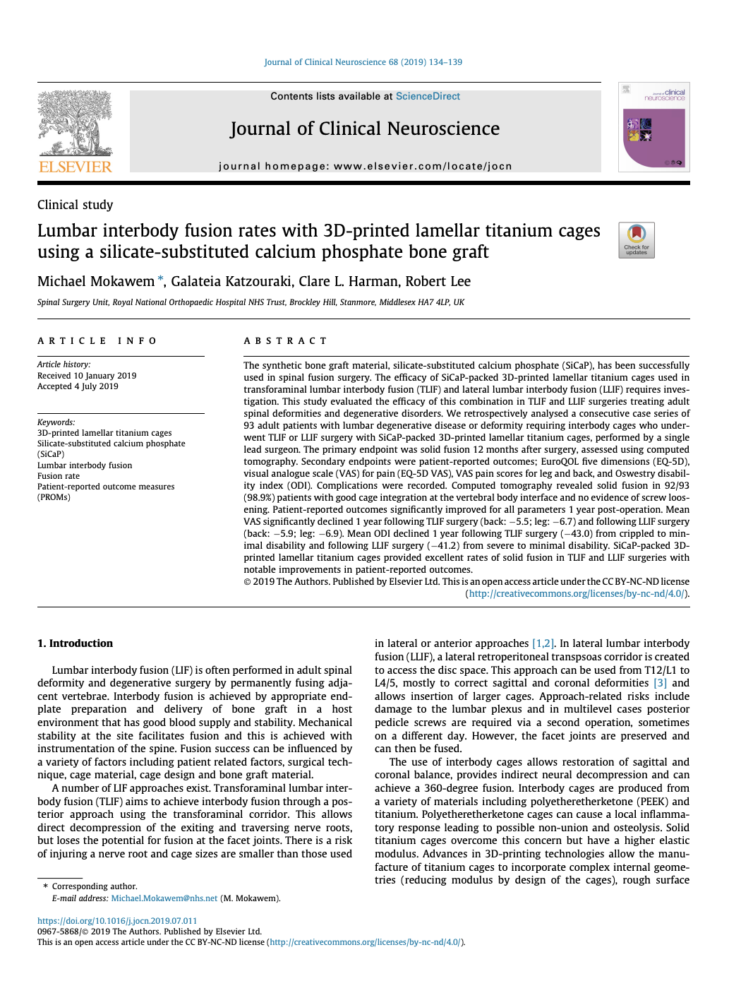 First page of a clinical study published in Journal of Clinical Neuroscience about lumbar spinal fusion rates using 3D-printed titanium cages with bone graft material.