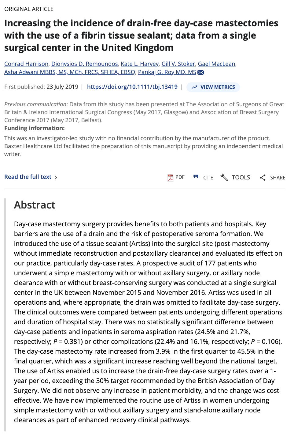 Screenshot of a medical journal article titled Increasing the incidence of drain-free day-case mastectomies with the use of a fibrin tissue sealant showing author names, publication details and abstract text.