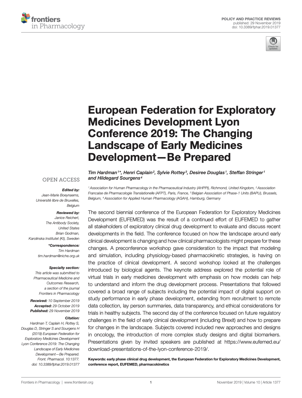 Front page of a Frontiers in Pharmacology journal article about the European Federation for Exploratory Medicines Development Lyon Conference 2019, showing title, authors and abstract.