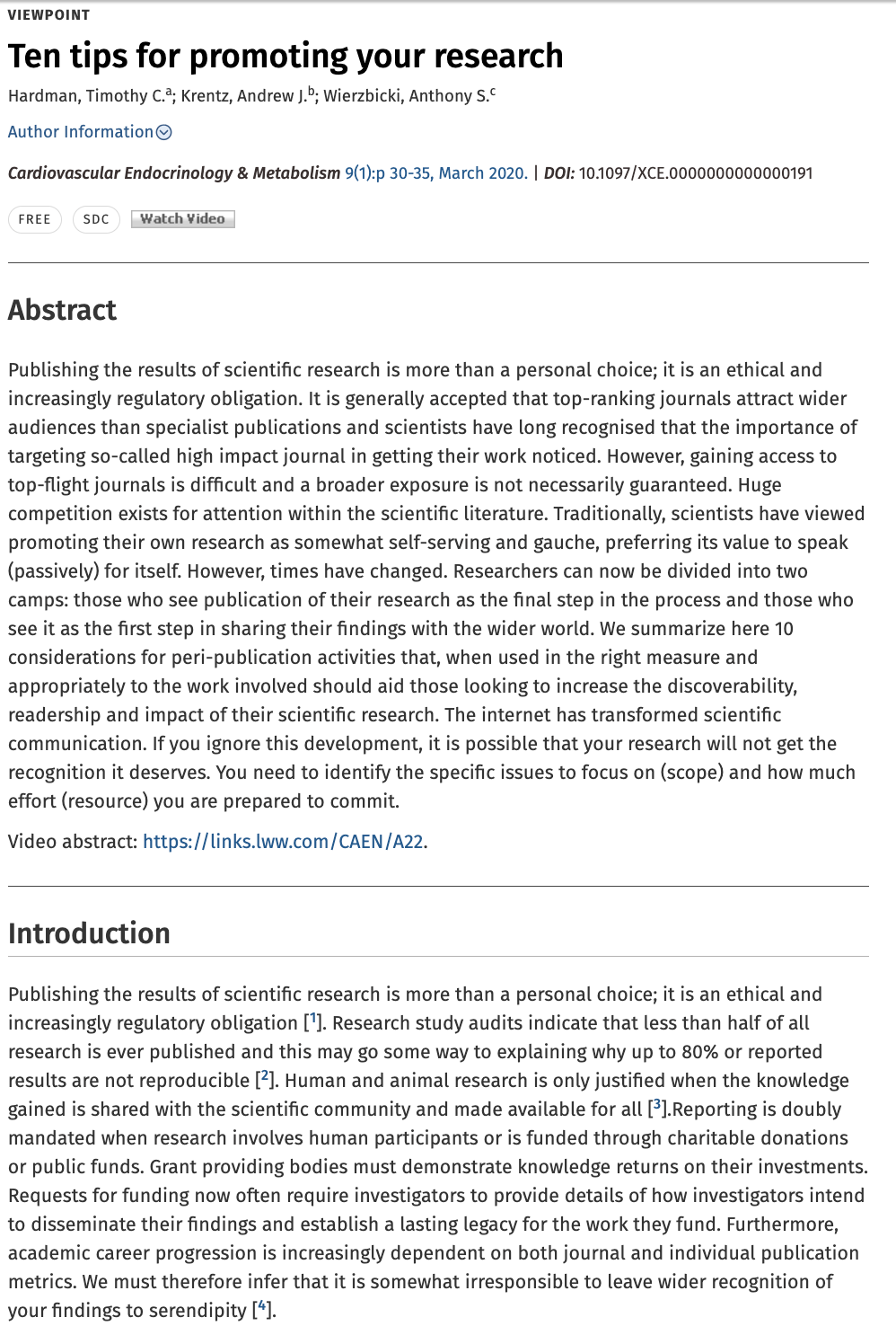 Research article excerpt showing title Ten tips for promoting your research with authors, journal details, abstract and introduction sections from a scientific publication.