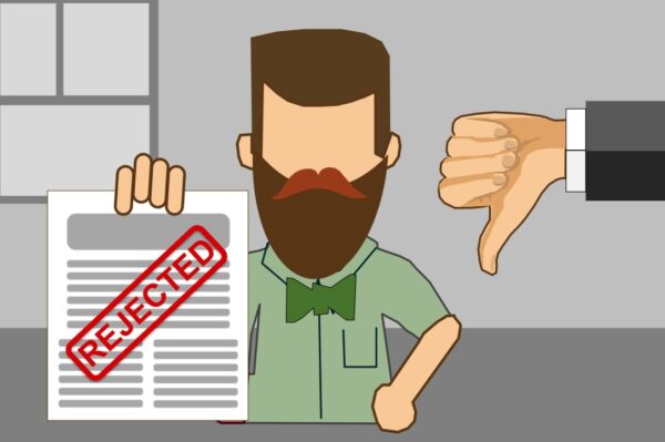 Illustration of a man with beard holding a document stamped REJECTED with a thumbs down gesture beside him