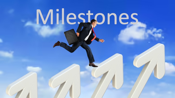 Business professional jumping between upward arrows labelled milestones symbolising clinical project progress and achievement | Niche