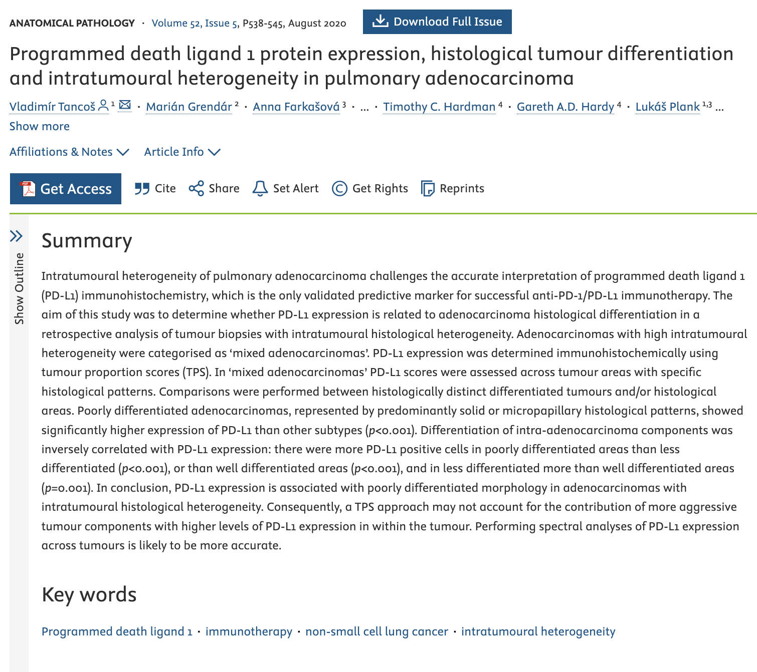 Screenshot of a medical journal article about PD-L1 protein expression in lung cancer, showing title, authors, summary and keywords sections.