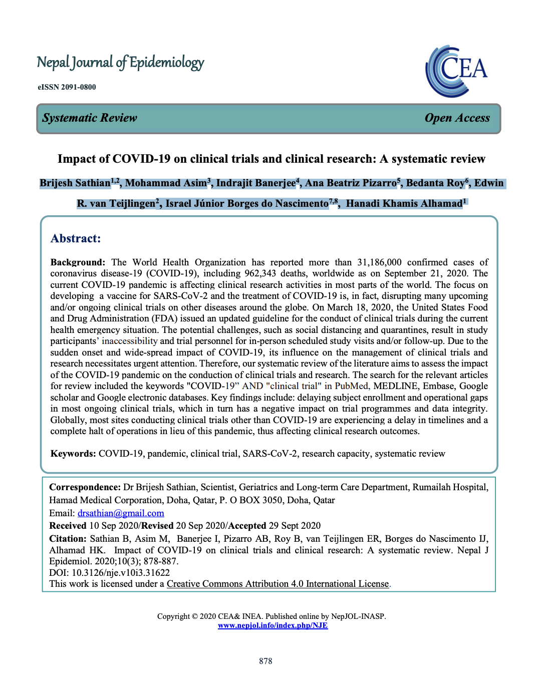 First page of a systematic review article from Nepal Journal of Epidemiology examining COVID-19's impact on clinical trials and research.