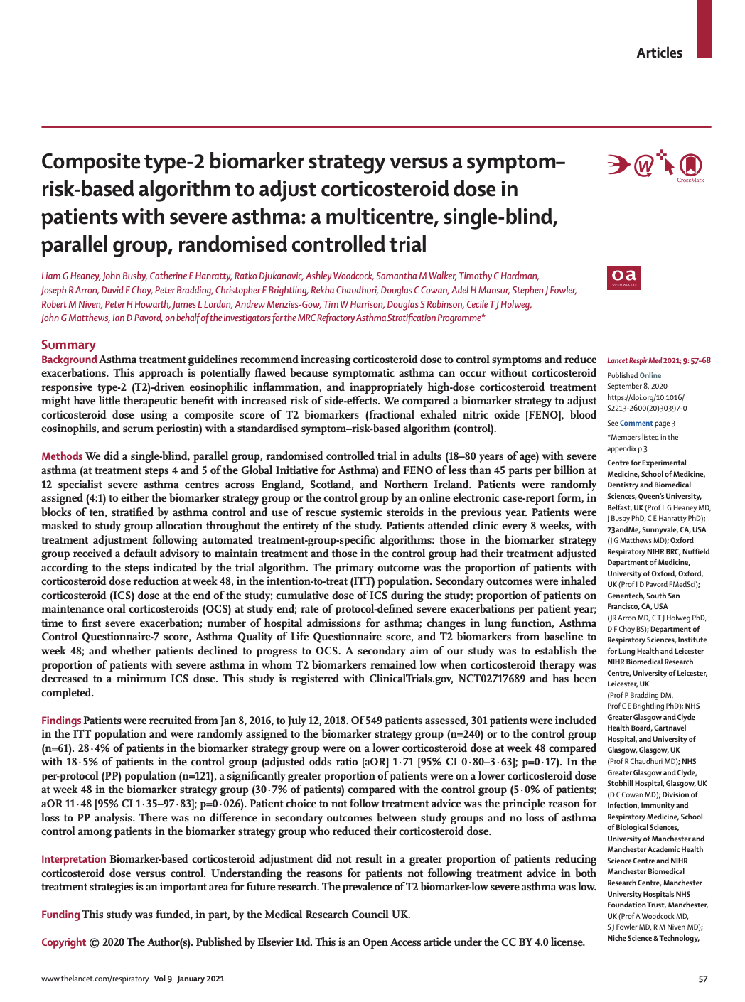 First page of a medical journal article about a randomised controlled trial comparing biomarker and symptom-based strategies for adjusting corticosteroid doses in severe asthma patients.