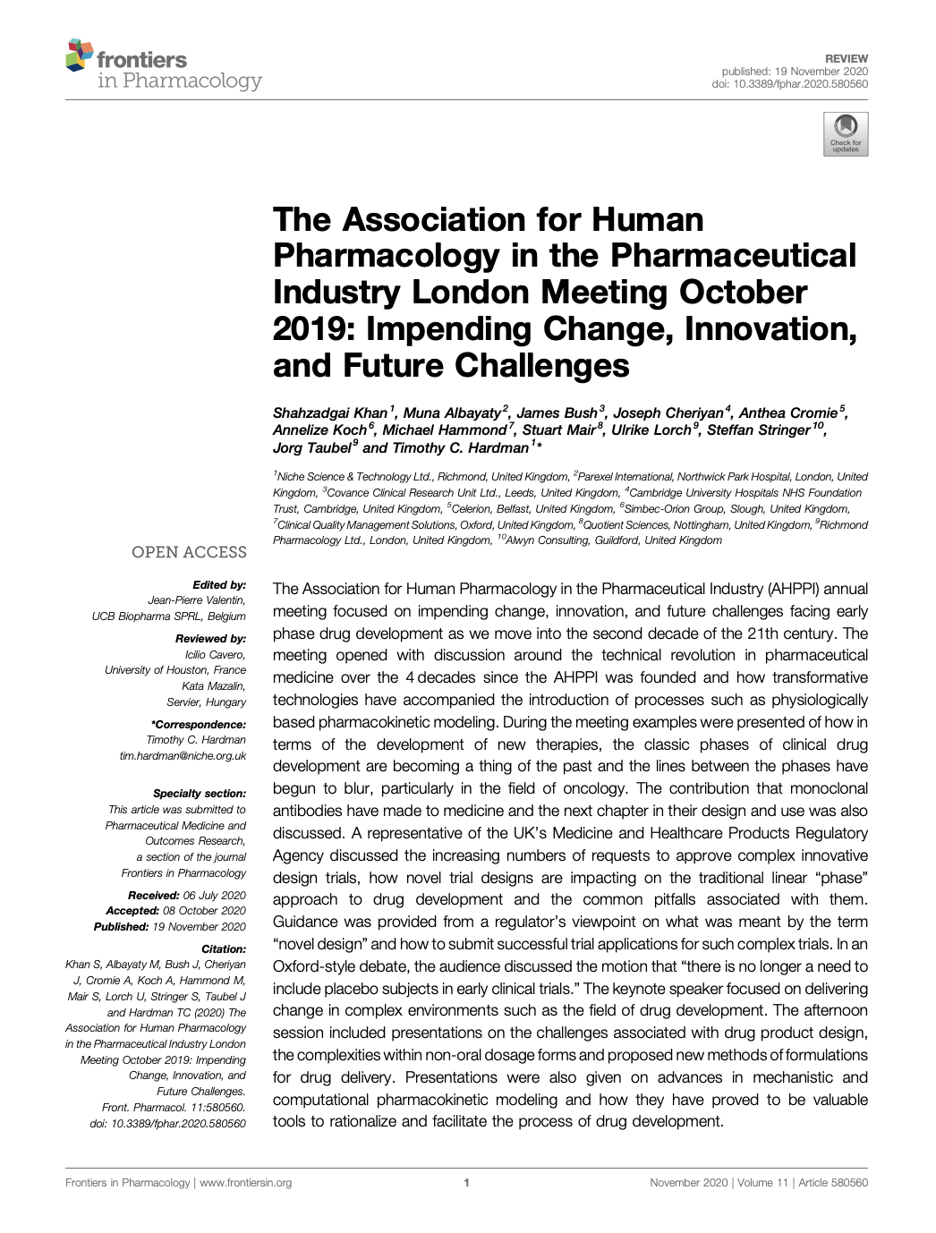 First page of a Frontiers in Pharmacology journal article about the Association for Human Pharmacology pharmaceutical industry meeting in London, October 2019.