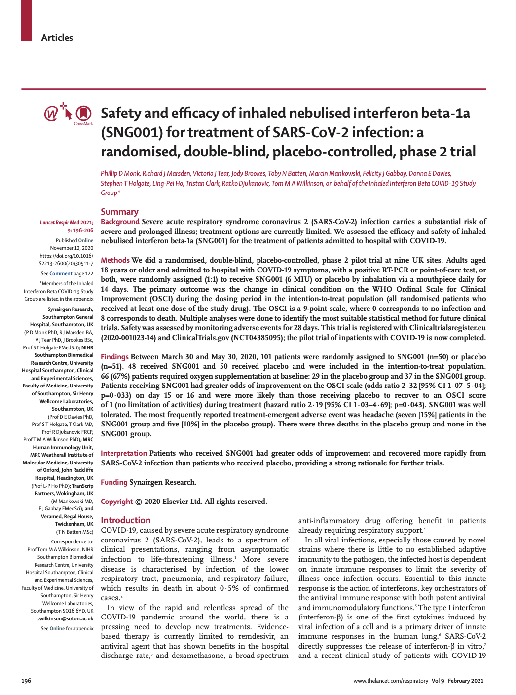 First page of a medical journal article about a randomised controlled trial testing inhaled interferon beta-1a for COVID-19 treatment, showing title, authors, and summary.