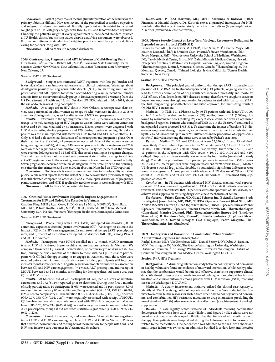 Page from medical journal showing research abstracts on HIV treatment, contraception and drug interactions in academic conference proceedings format.