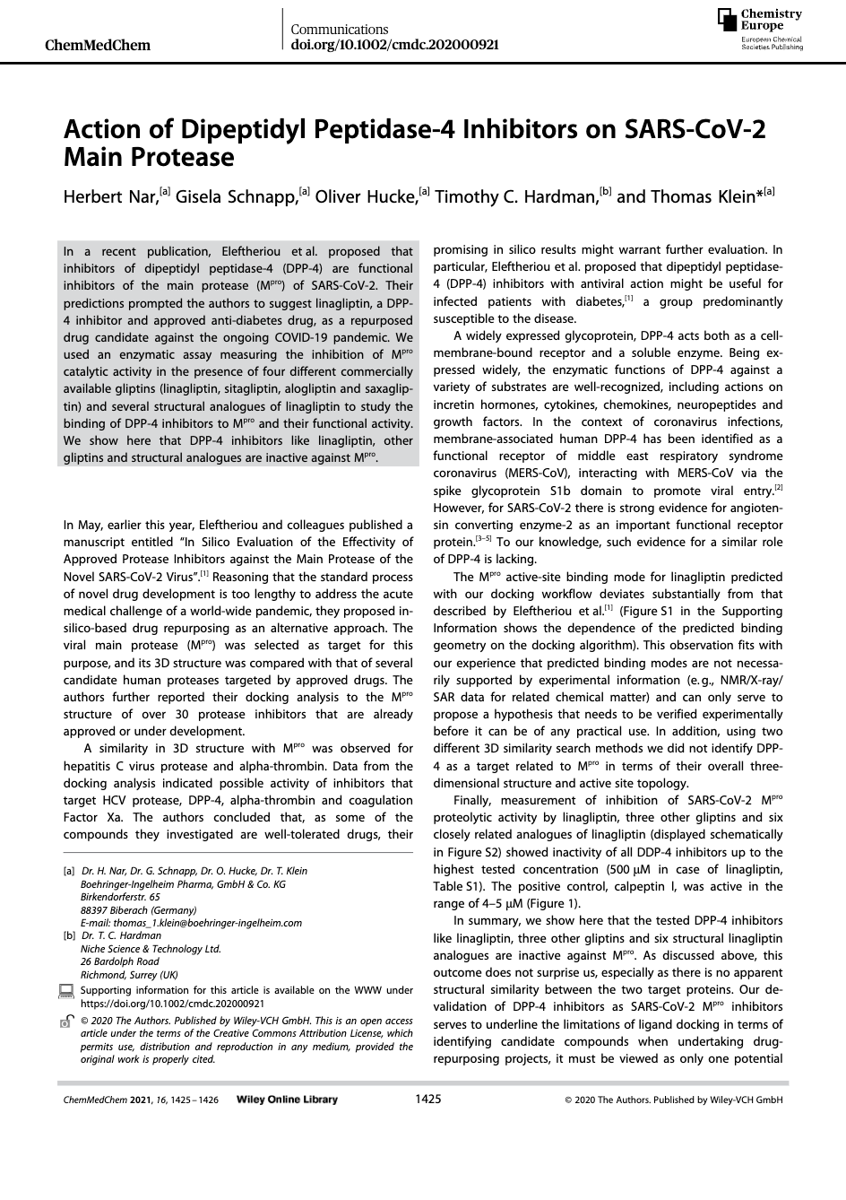 Research paper showing DPP-4 inhibitors ineffective against SARS-CoV-2 main protease, published in ChemMedChem journal by researchers from Germany and UK.
