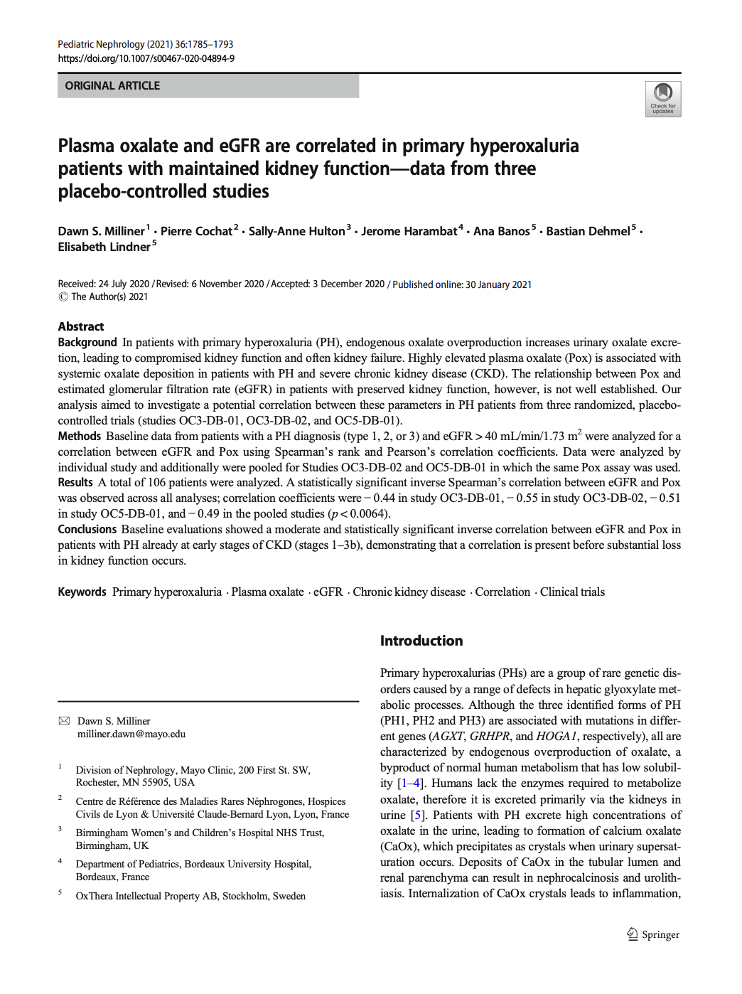 First page of a Pediatric Nephrology journal article titled Plasma oxalate and eGFR are correlated in primary hyperoxaluria patients with maintained kidney function.