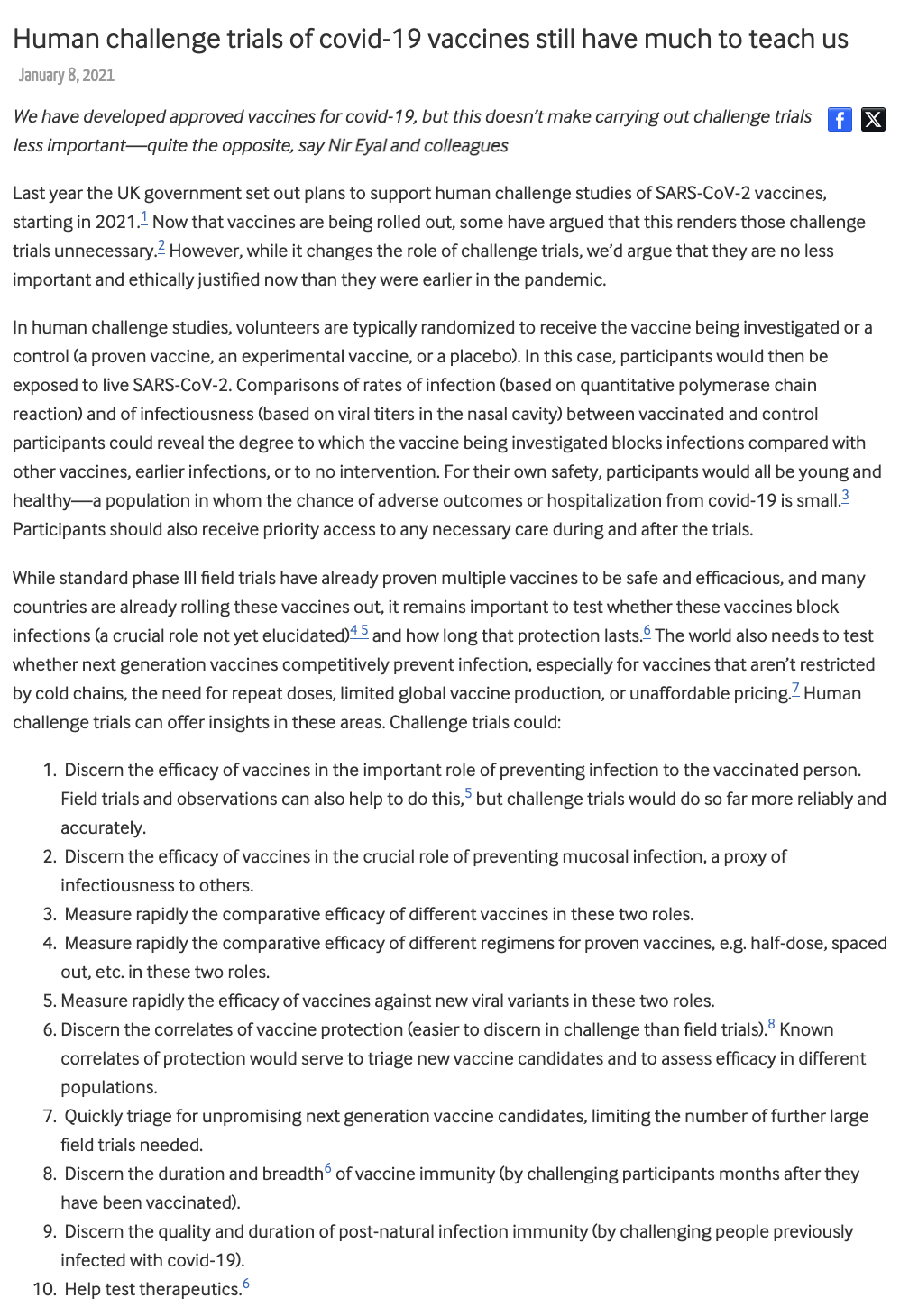 Screenshot of article titled Human challenge trials of covid-19 vaccines still have much to teach us with numbered list of potential benefits of challenge trials.